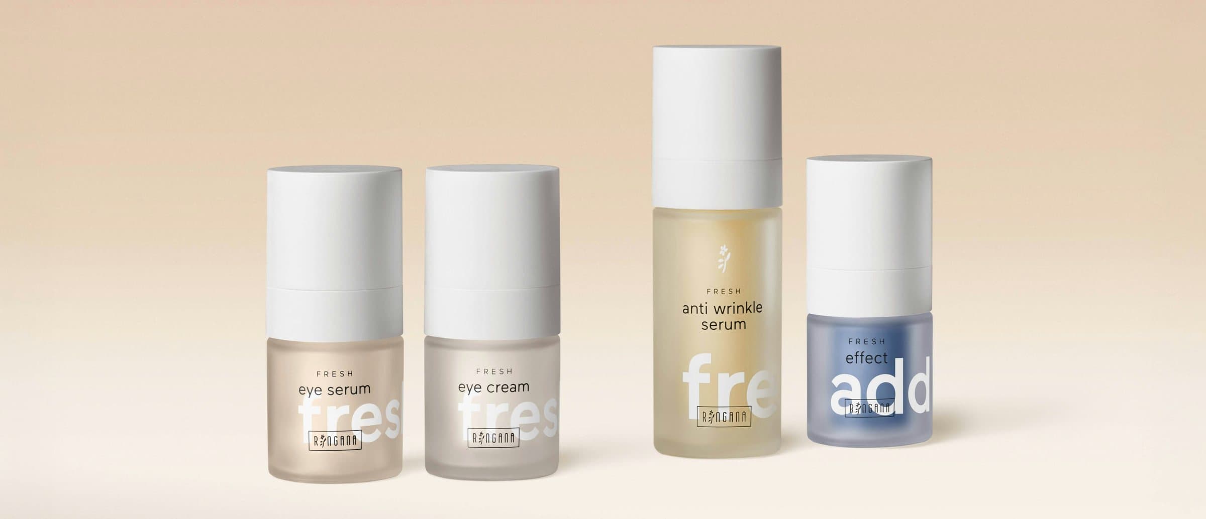 Ringana FRESH eye serum, eye cream, anti wrinkle serum, and effect add lined up together